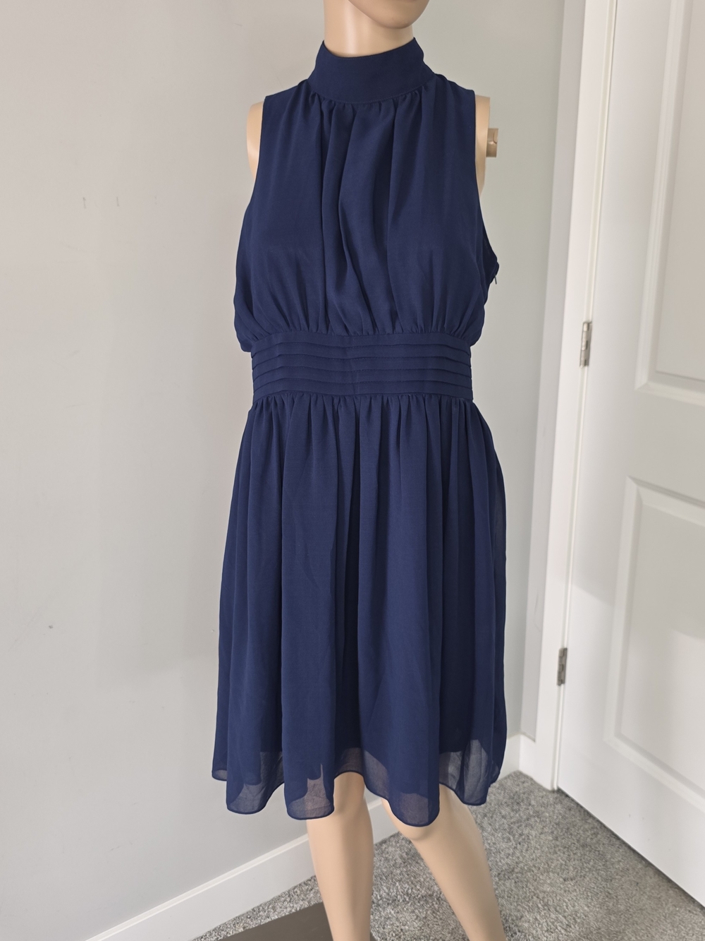 Ya Los Angeles Windy City Navy Halter Midi Dress Sz L Side Zip Lined Chiffon - Picture 5 of 16